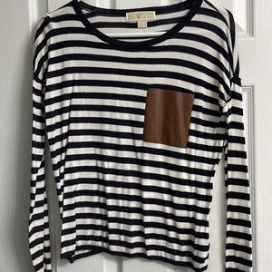 Navy and white striped sweater with leather pocket by Michael Kors